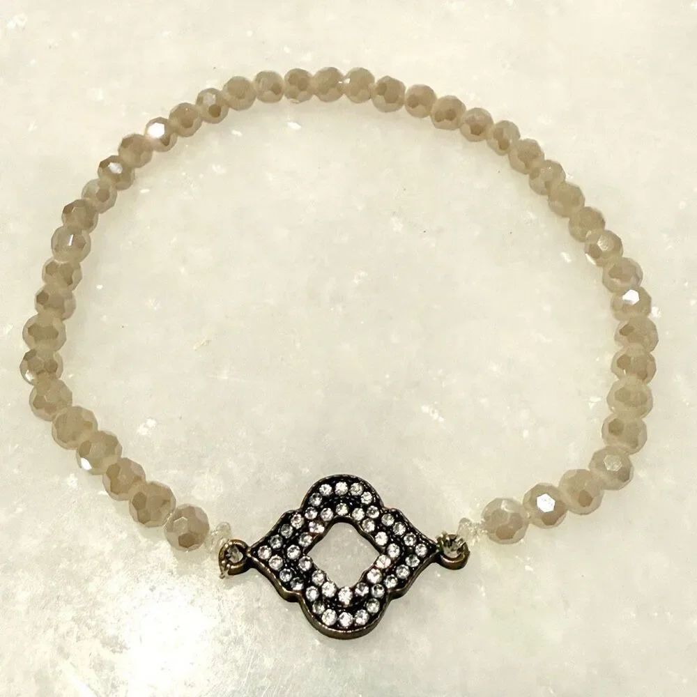 Handmade Faceted Moonstone Beads Arabesque Rhinestone Cream Stretch Bracelet
